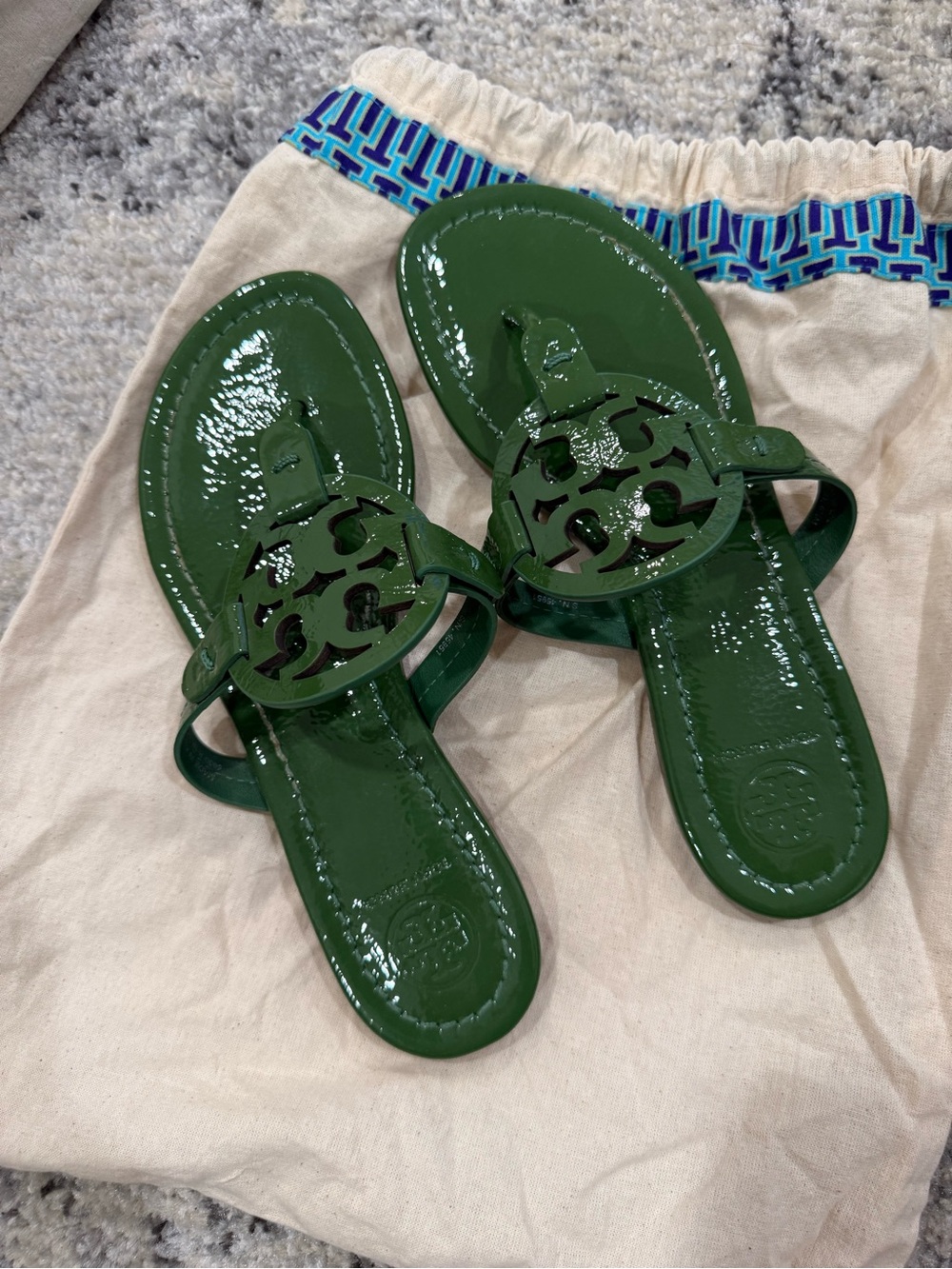 Tory Burch Green Patent Logo Cutout Slide Sandals